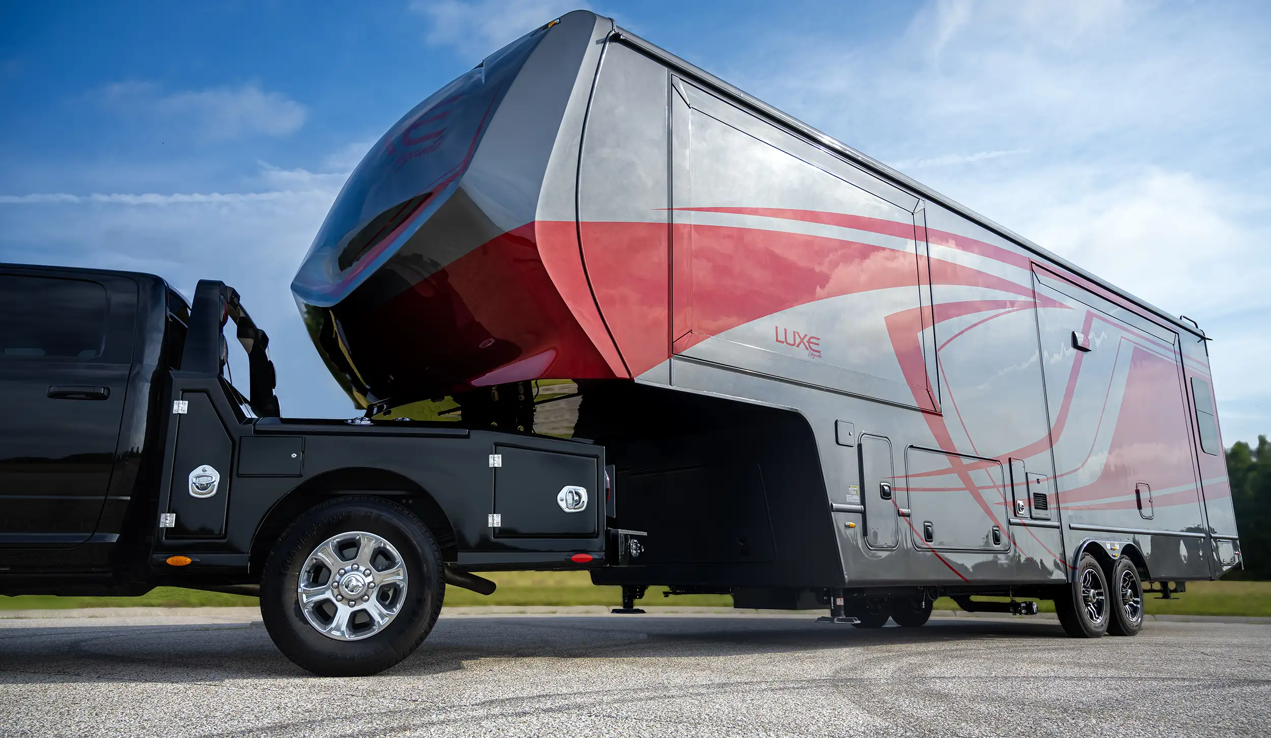The Luxe Fifth Wheel Elegante model is a luxury fifth wheel designed for full-time living.