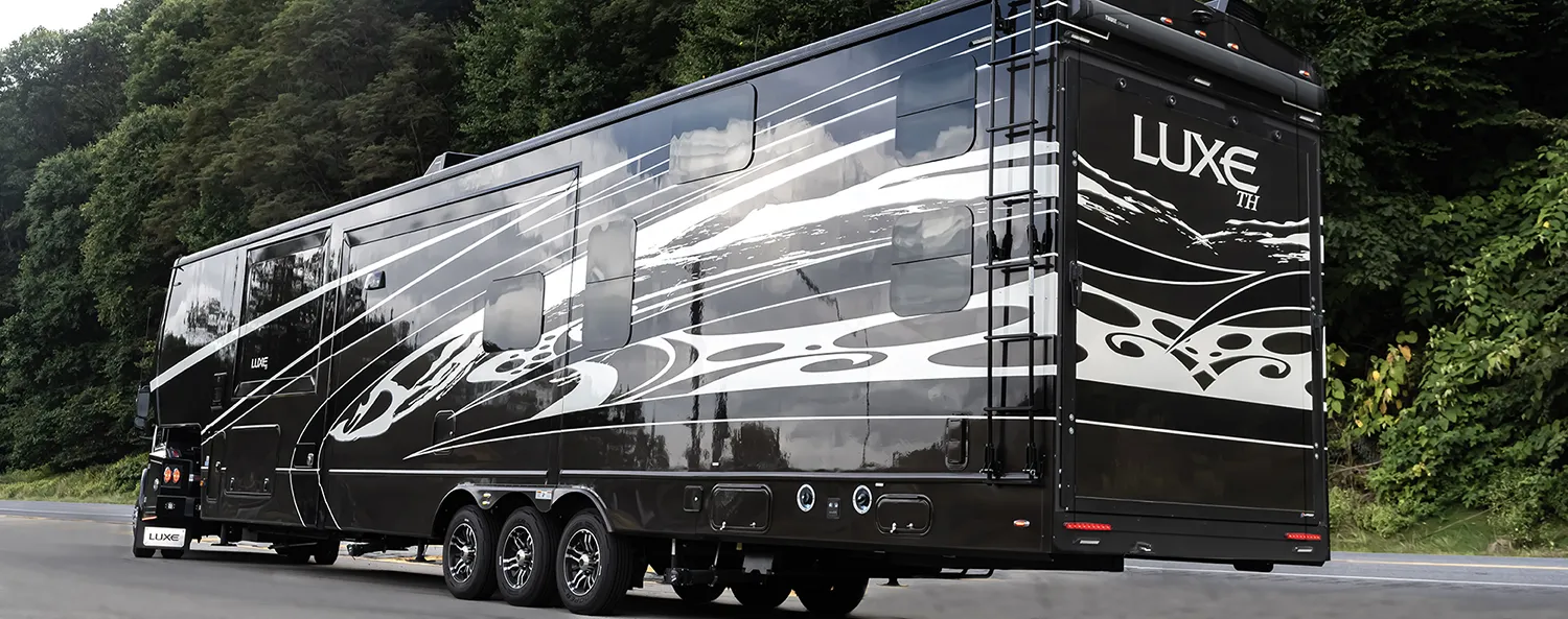 A luxury fifth wheel toy hauler built by Luxe Fifth Wheels out of Elkhart Indiana.