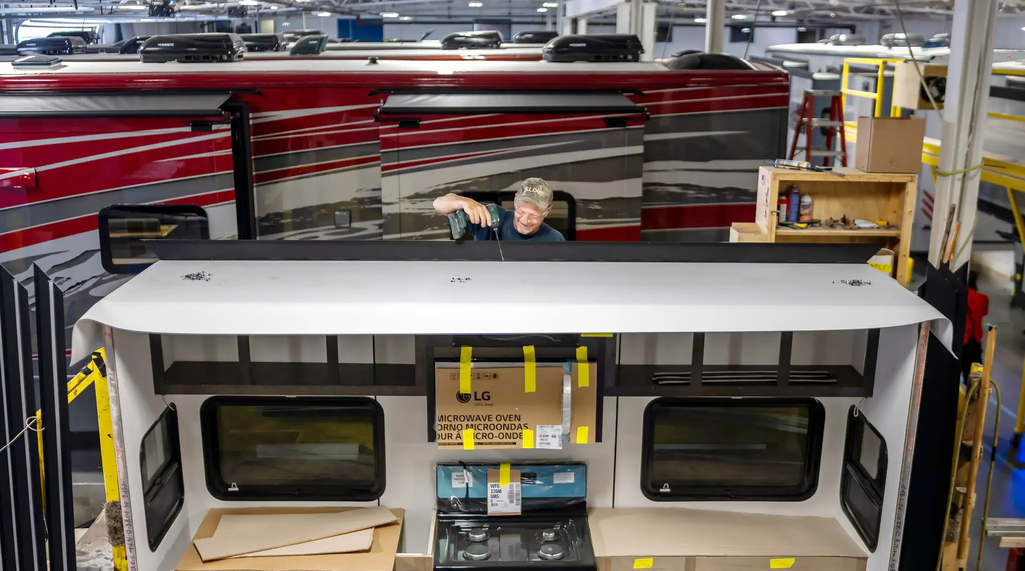 RV Factory Tour - Luxe Fifth Wheel employees can be viewed building luxury fifth wheels during tours at the RV Factory in Elkhart Indiana.